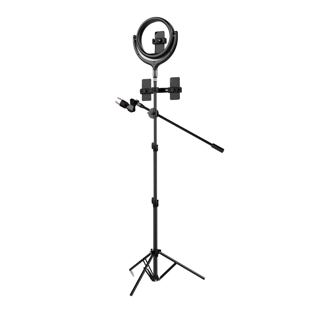 Crni Devia set sa tripodom visine 170cm i velikim LED prstenastim svetlom od 12 inča.