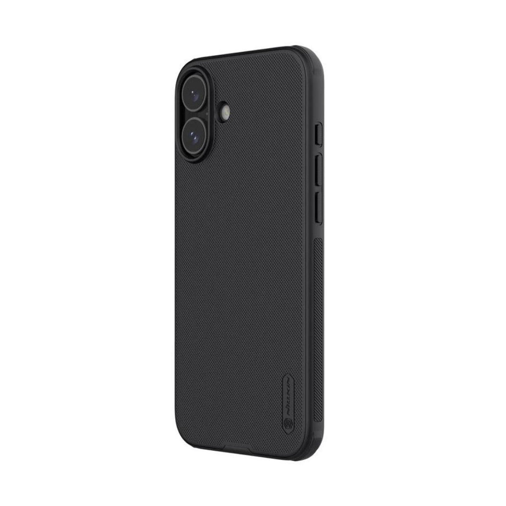 Prikaz ojačanih TPU ivica i preciznih izreza na crnoj Nillkin iPhone 16 maski