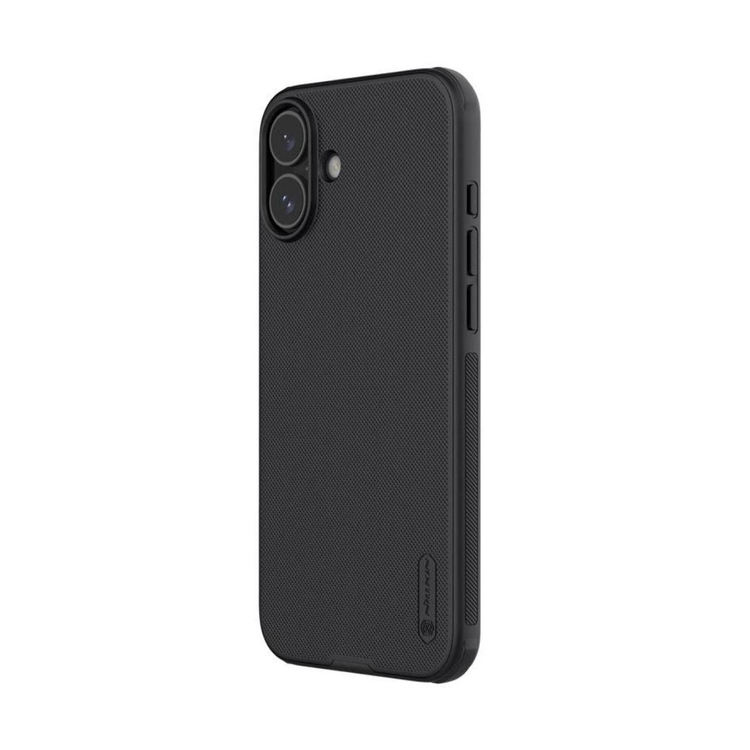 Prikaz ojačanih TPU ivica i preciznih izreza na crnoj Nillkin iPhone 16 maski