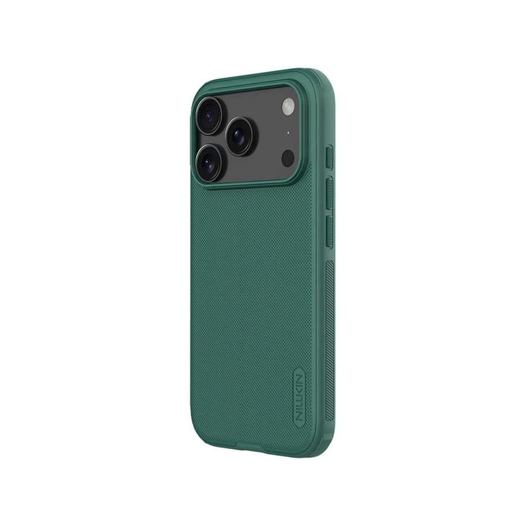 Prikaz izdignutih ivica oko ekrana i kamere na zelenoj Nillkin iPhone 17 Pro Max maski