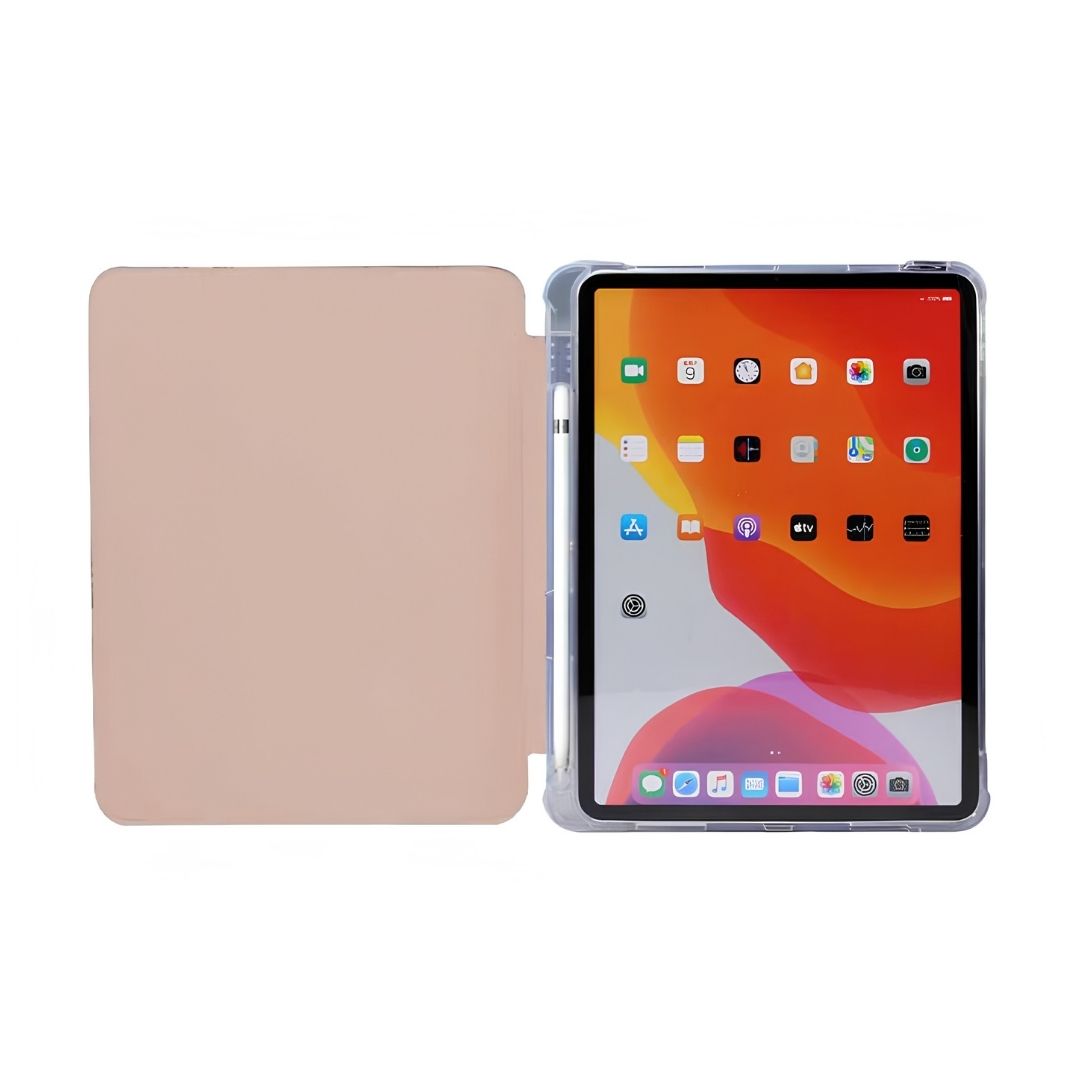 Prikaz unutrašnjeg silikonskog dela i postolja na puder roze iPad Air 11 futroli.