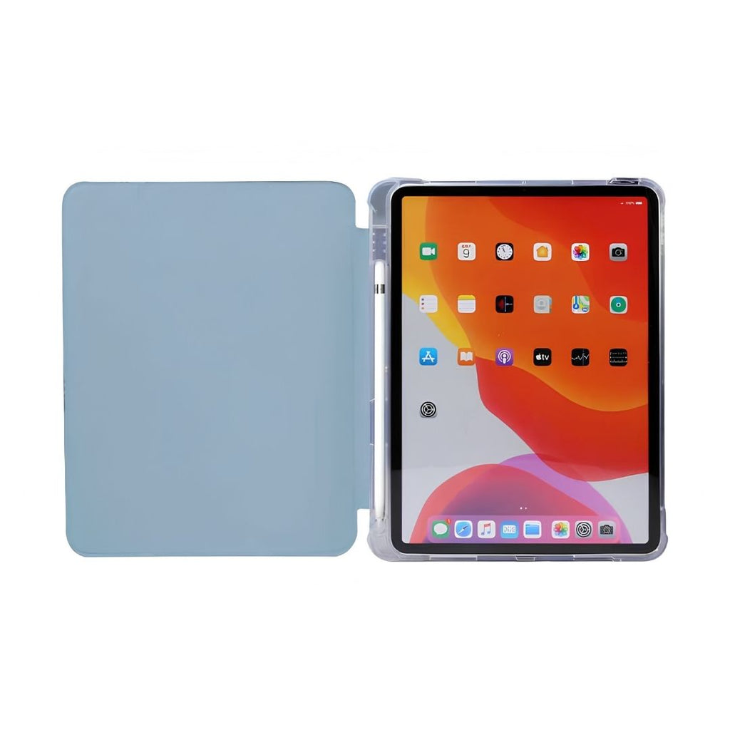 Prikaz unutrašnjeg silikonskog dela i funkcije postolja na plavoj iPad Air 11 (2024) futroli.